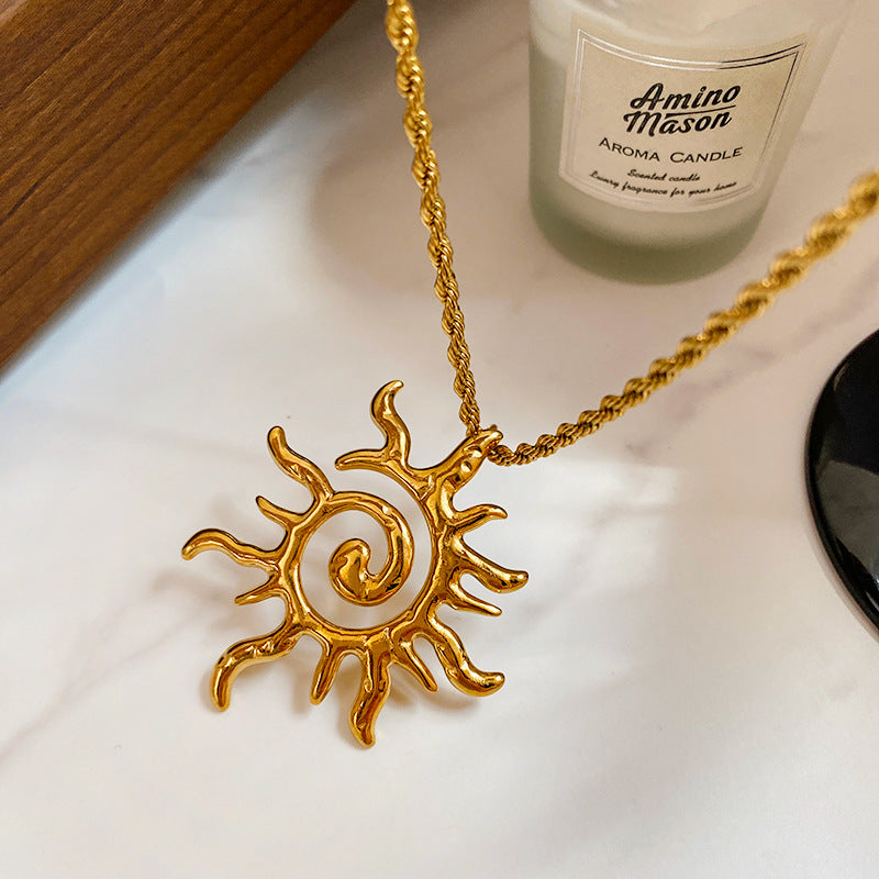 Vintage Hollow Sun Totem Titanium Steel Necklace with Rope Chain