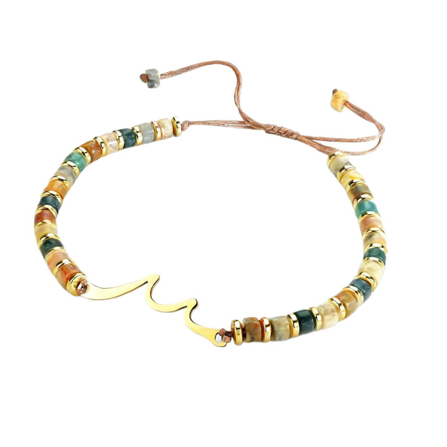 Business Casual Gold Plated Stainless Steel Woven Wave Bracelet with Natural Stone Beads Adjustable Unisex