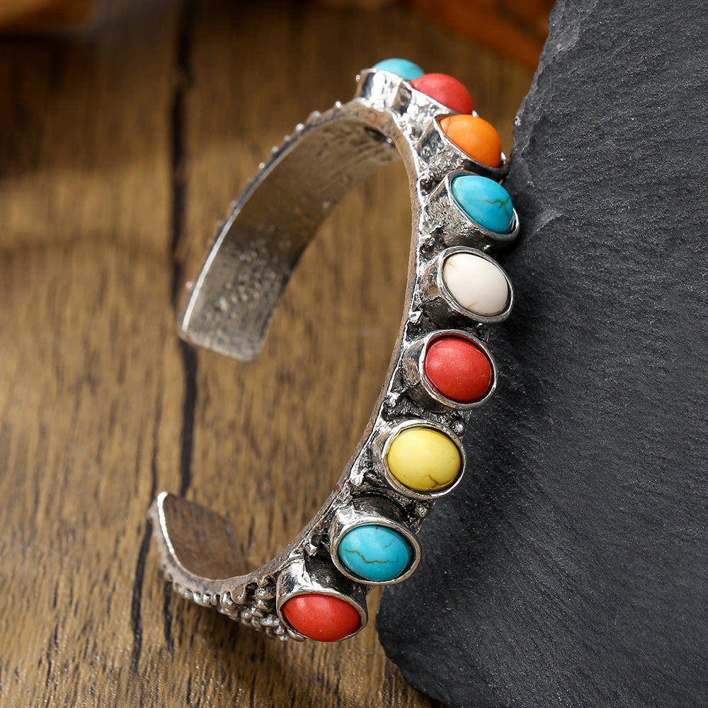 Bohemian Vintage Ethnic Round Geometric Alloy Plated Turquoise Inlay Open Cuff Bracelet for Women
