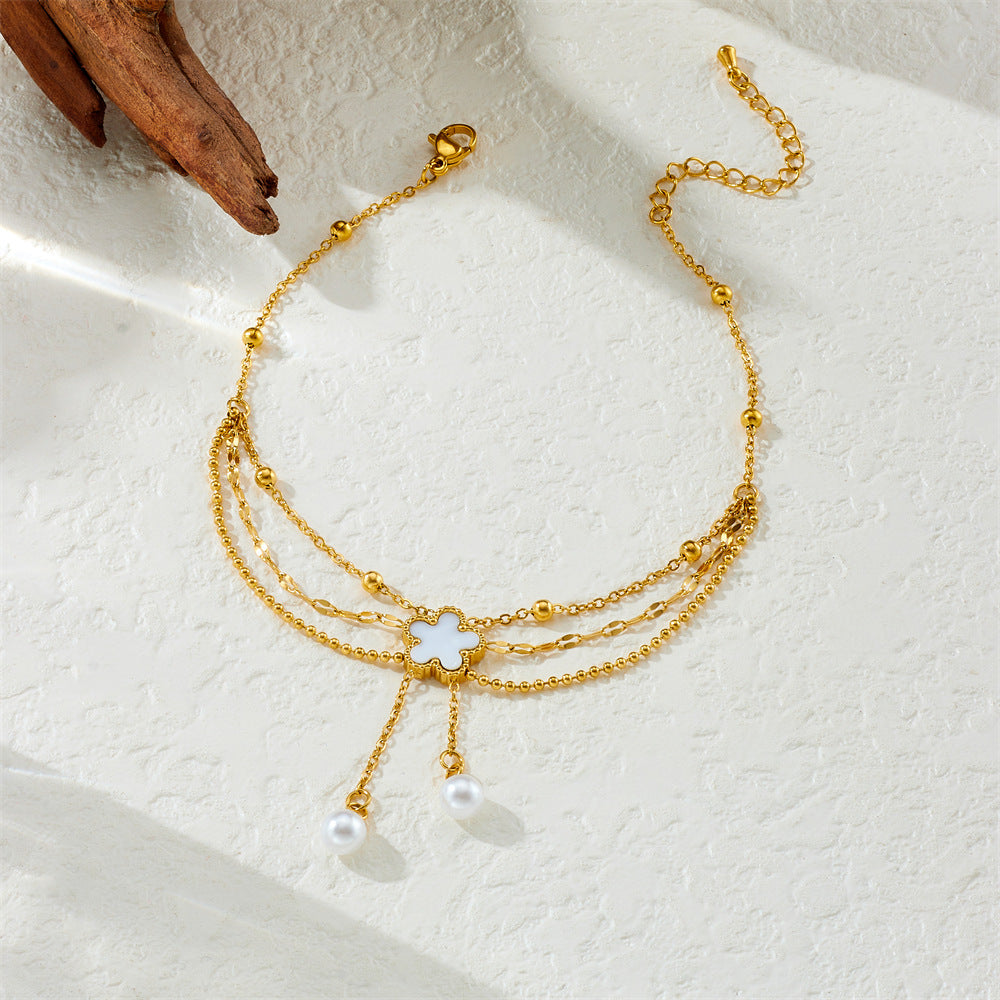 Floral Stainless Steel Anklet with Pearl and Shell Tassel for Women