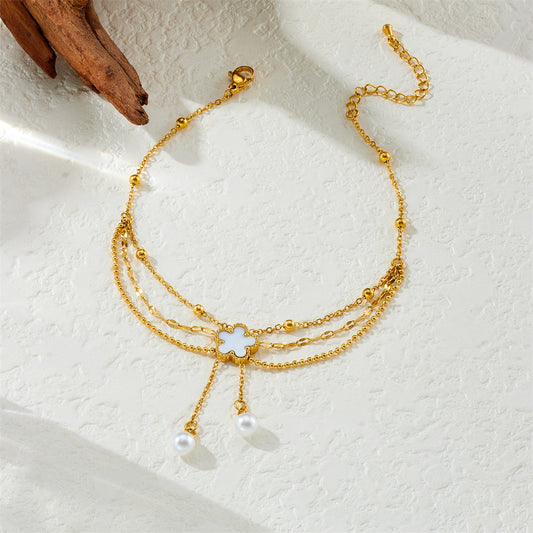 Floral Stainless Steel Anklet with Pearl and Shell Tassel for Women