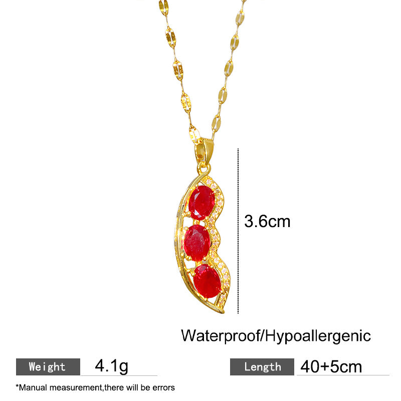 Sporty Sweet Micro-set Ruby Pea Plant Pendant Titanium Steel Necklace for Women