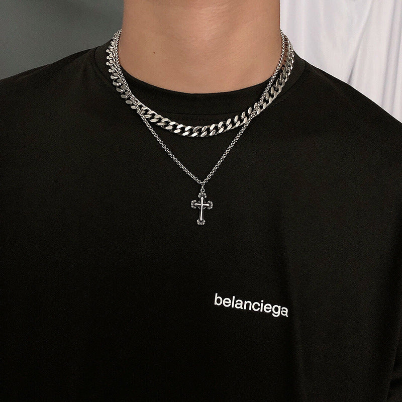 Minimalist Double-Layer Cross Pendant Necklace in Titanium Steel with Polished Finish for Men and Women