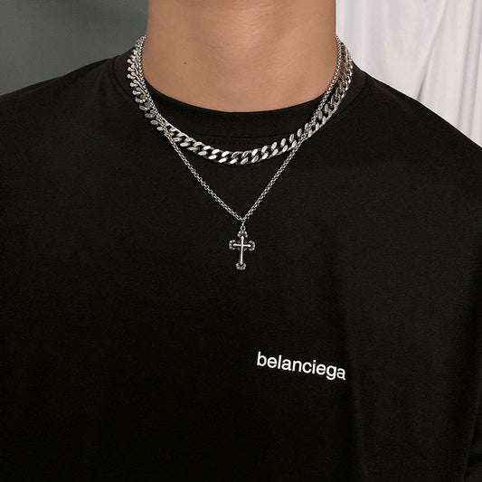 Minimalist Double-Layer Cross Pendant Necklace in Titanium Steel with Polished Finish for Men and Women