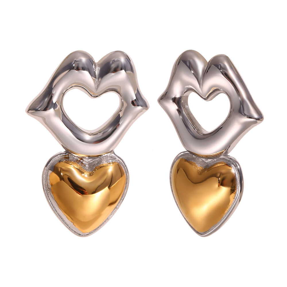 Orecchini a perno geometrici minimalisti di moda in acciaio inossidabile con labbra e cuore placcati oro 18K per donna