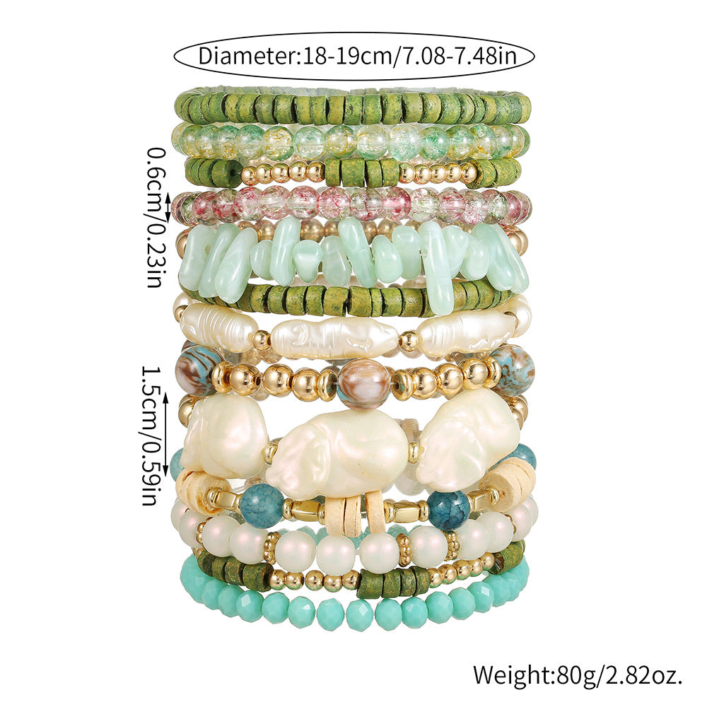 Bohemian Multi-Layer Geometric Coconut Shell Handmade Beaded Bracelet Set with Crystal and Pearl