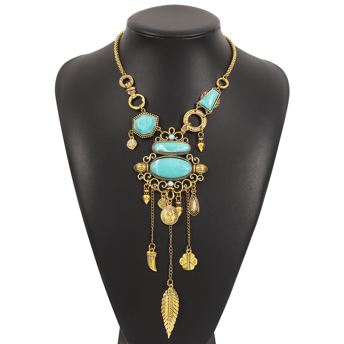 Collar étnico con colgante geométrico de aleación con incrustaciones de turquesa en cadena de serpiente, diseño vintage