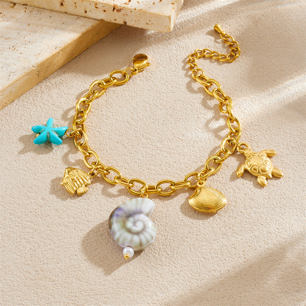 Fashion Gold Plated Stainless Steel Animal Crab Starfish Sea Creature Charm Bracelet for Women