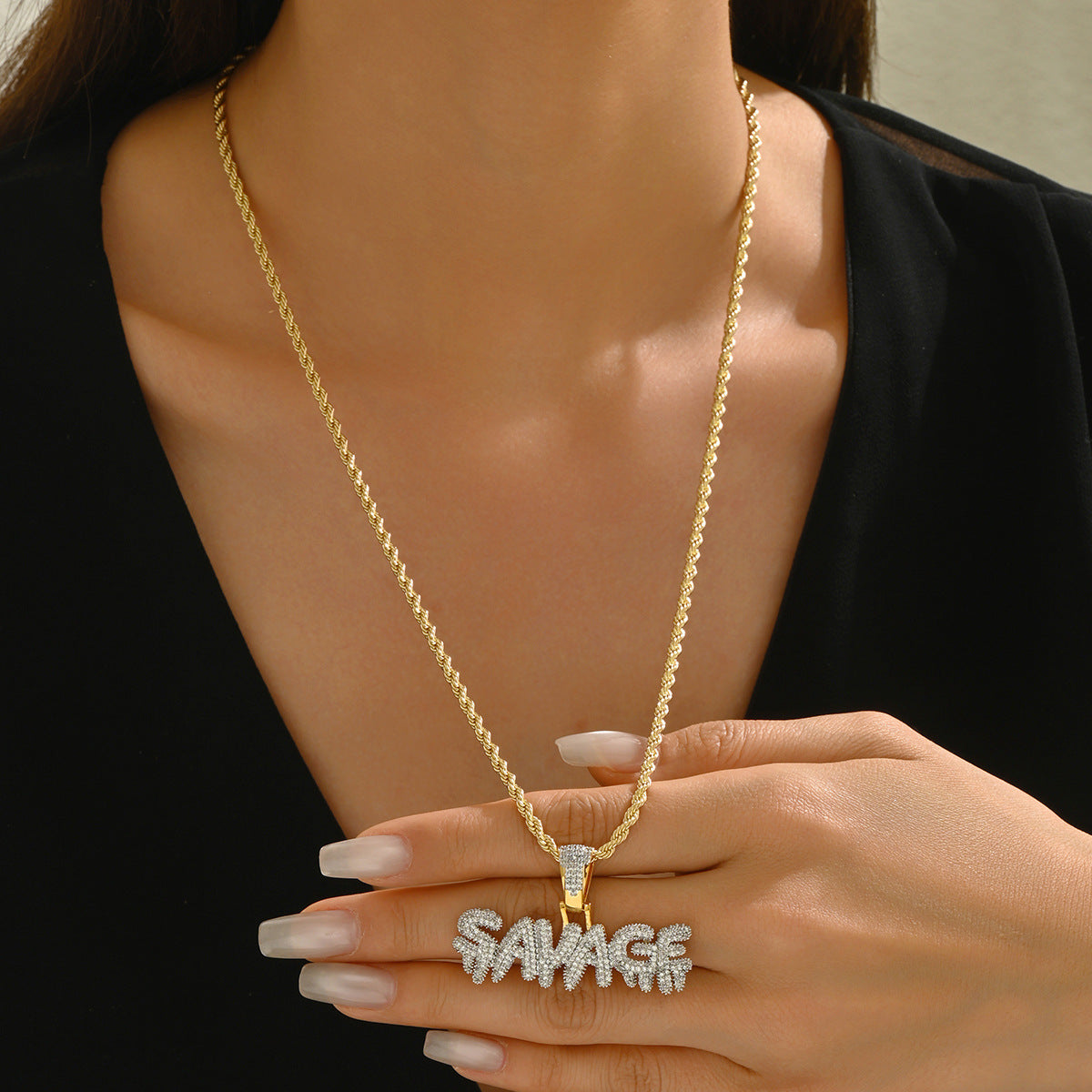 Minimalist Letter Shape Alloy Pendant Necklace with Rhinestone Inlay for Women