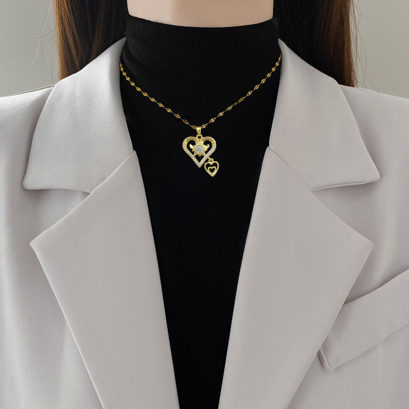 Sweet Elegant Double Layer Heart Geometric Cubic Zirconia Plated Titanium Steel Necklace for Unisex