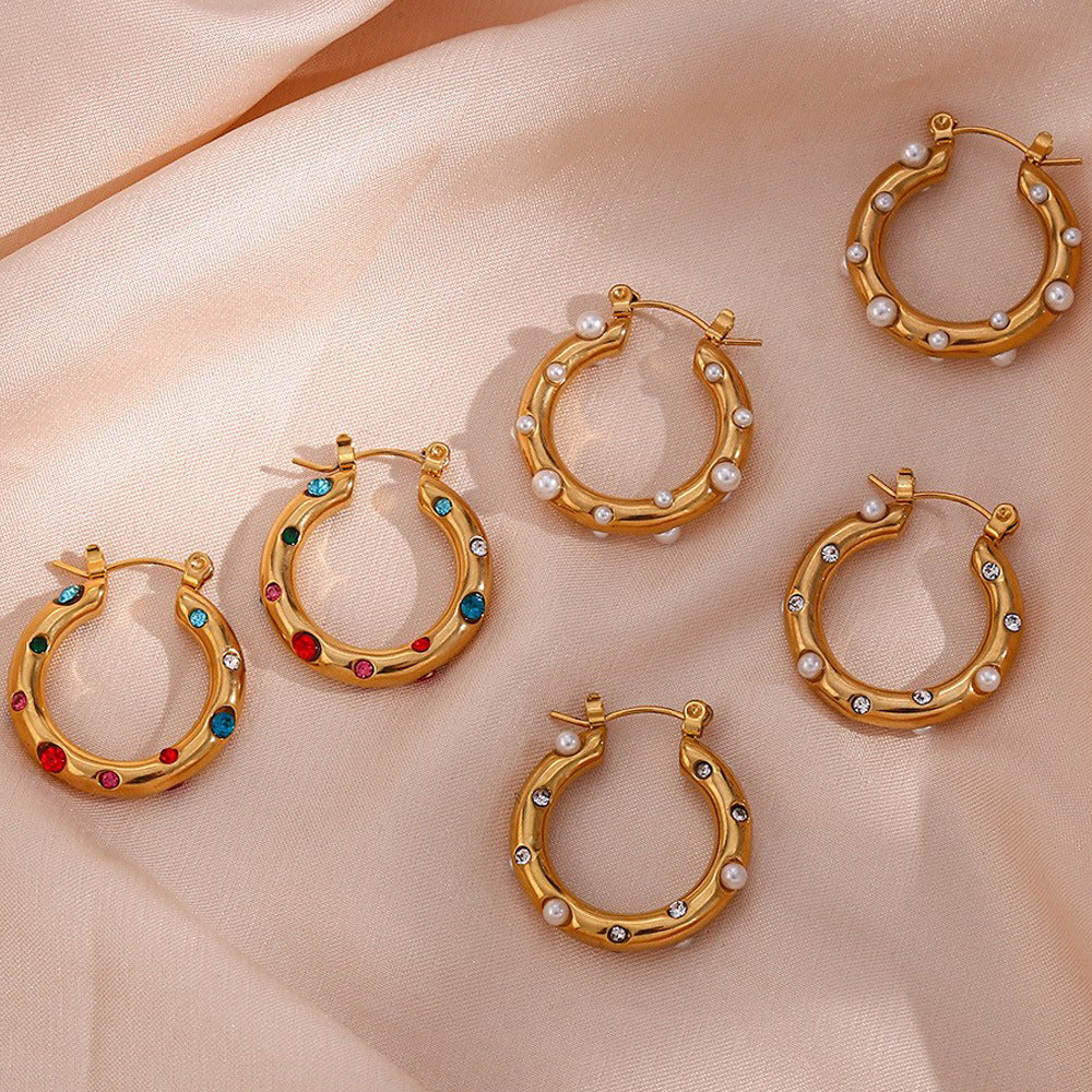 Fashion Minimalist Geometric Stainless Steel Hoop Earrings with 18K Gold Plating and Colored Zirconia
