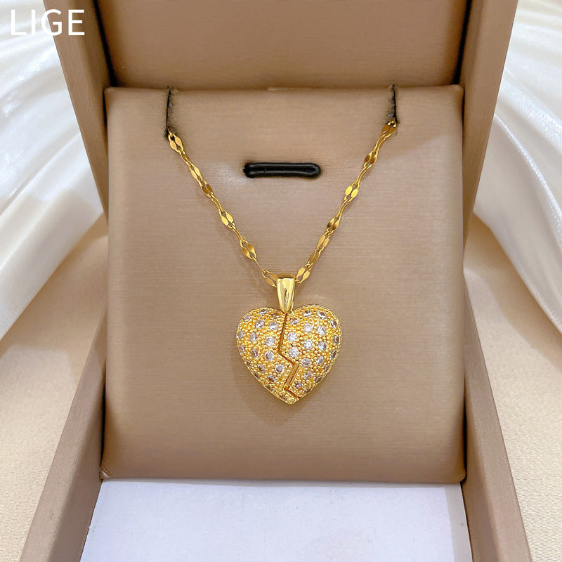 Sweet Minimalist Heart Geometric Rhinestone Plated Titanium Steel Necklace for Unisex