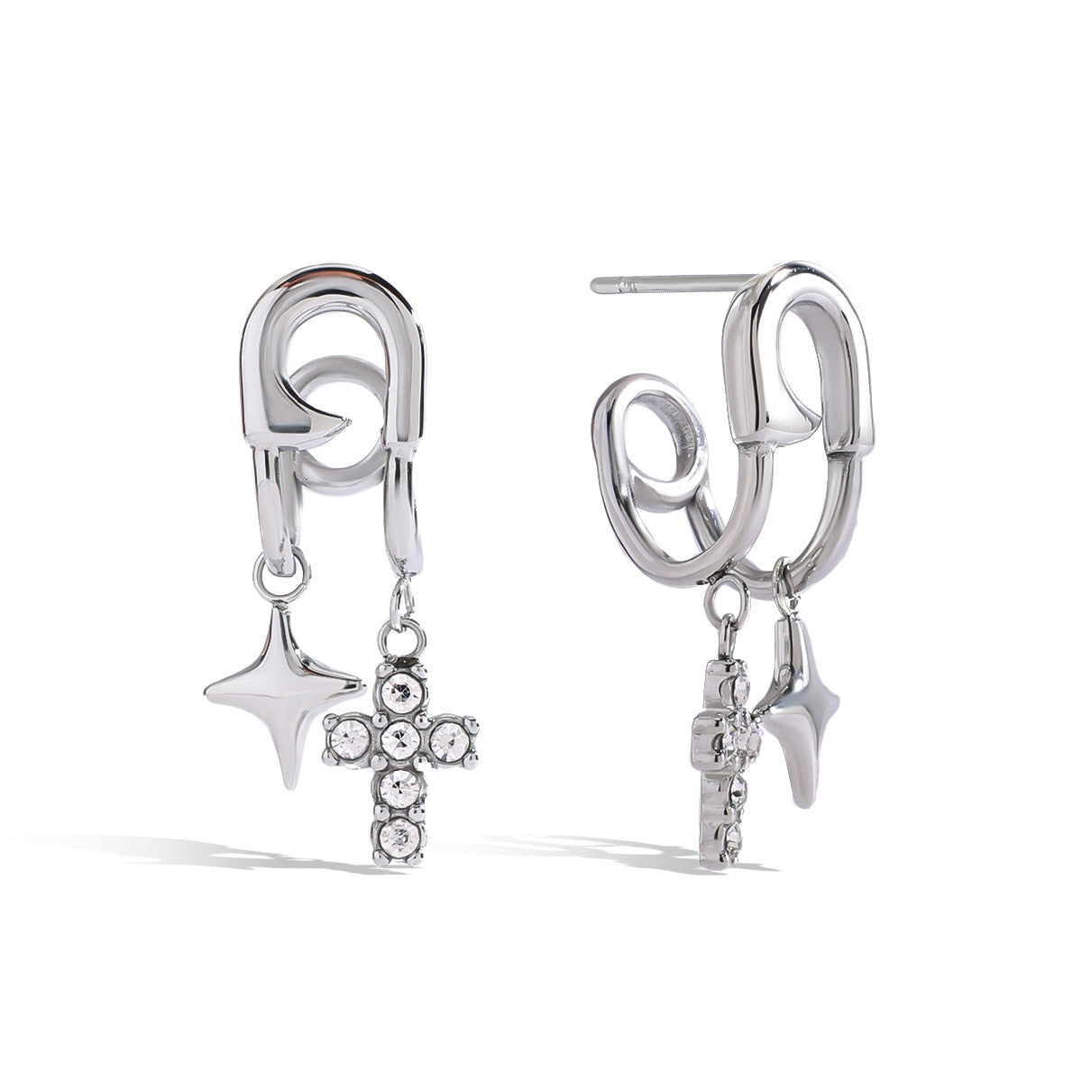 Minimalist Cross Cubic Zirconia Inlay Stainless Steel Titanium Steel Earrings for Women