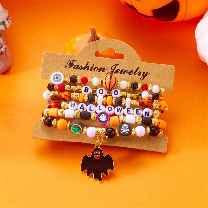 Bracciale da donna con perline a forma di teschio, zucca e fantasma in stile cartone animato, con ciondolo in lega e tema festa di Halloween