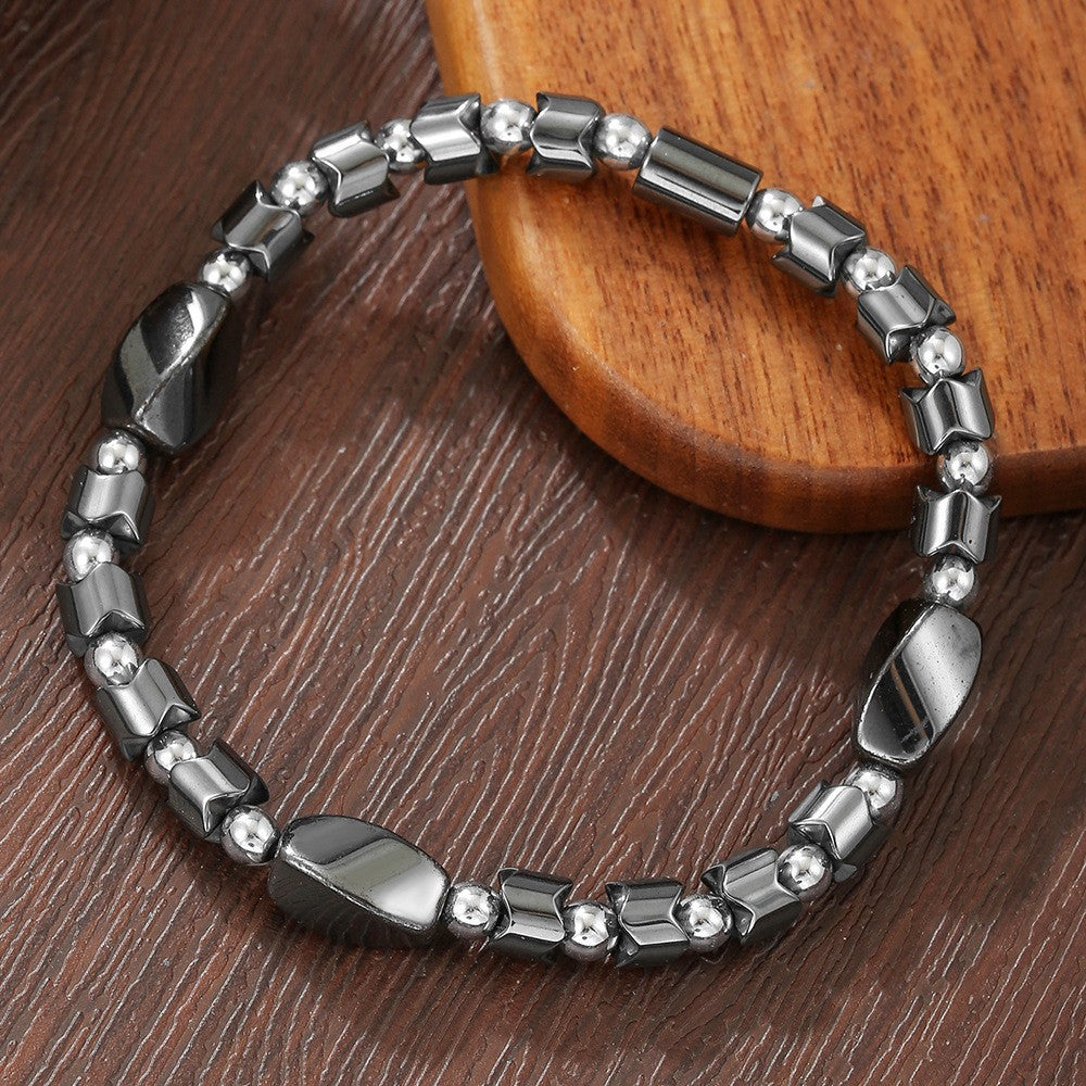 Vintage Handmade Geometric Turquoise and Hematite Beaded Bracelet for Unisex