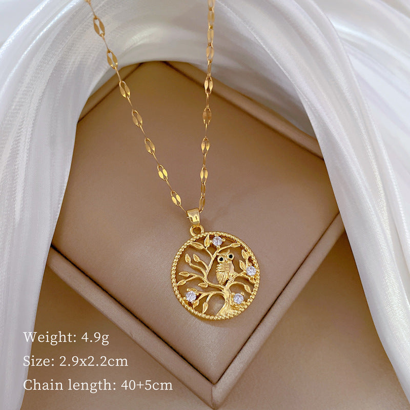 Collar con colgante de rama de búho de acero de titanio de lujo para mujer con incrustaciones de diamantes de imitación, diseño geométrico, delicada cadena de clavícula