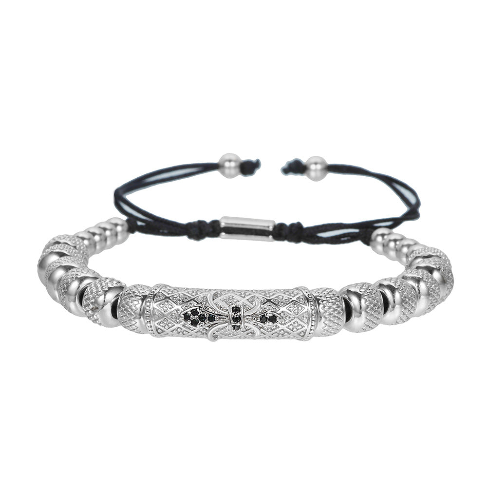 Vintage Adjustable Stainless Steel Geometric Round Bead Cubic Zirconia Curved Tube Bracelet for Men and Women