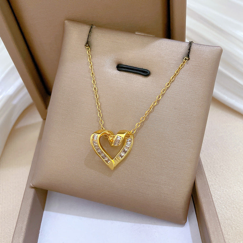 Collar con Colgante de Acero Inoxidable con Circonitas Incrustadas en Forma de Corazón Estilo Dibujos Animados para Mujeres y Hombres, Cadena Minimalista a la Clavícula