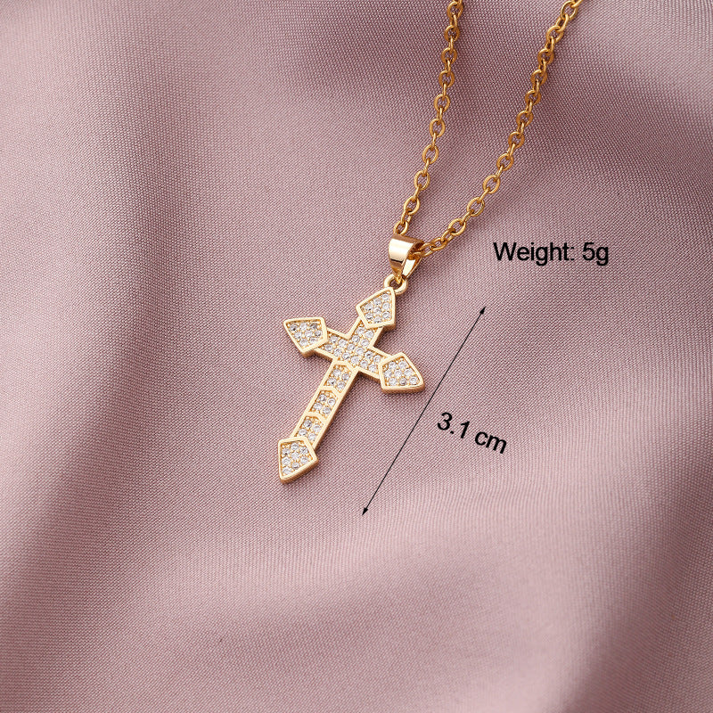 Collar Minimalista de Cobre con Colgante de Cruz e Incrustaciones de Pedrería en Cadena O para Uso Unisex