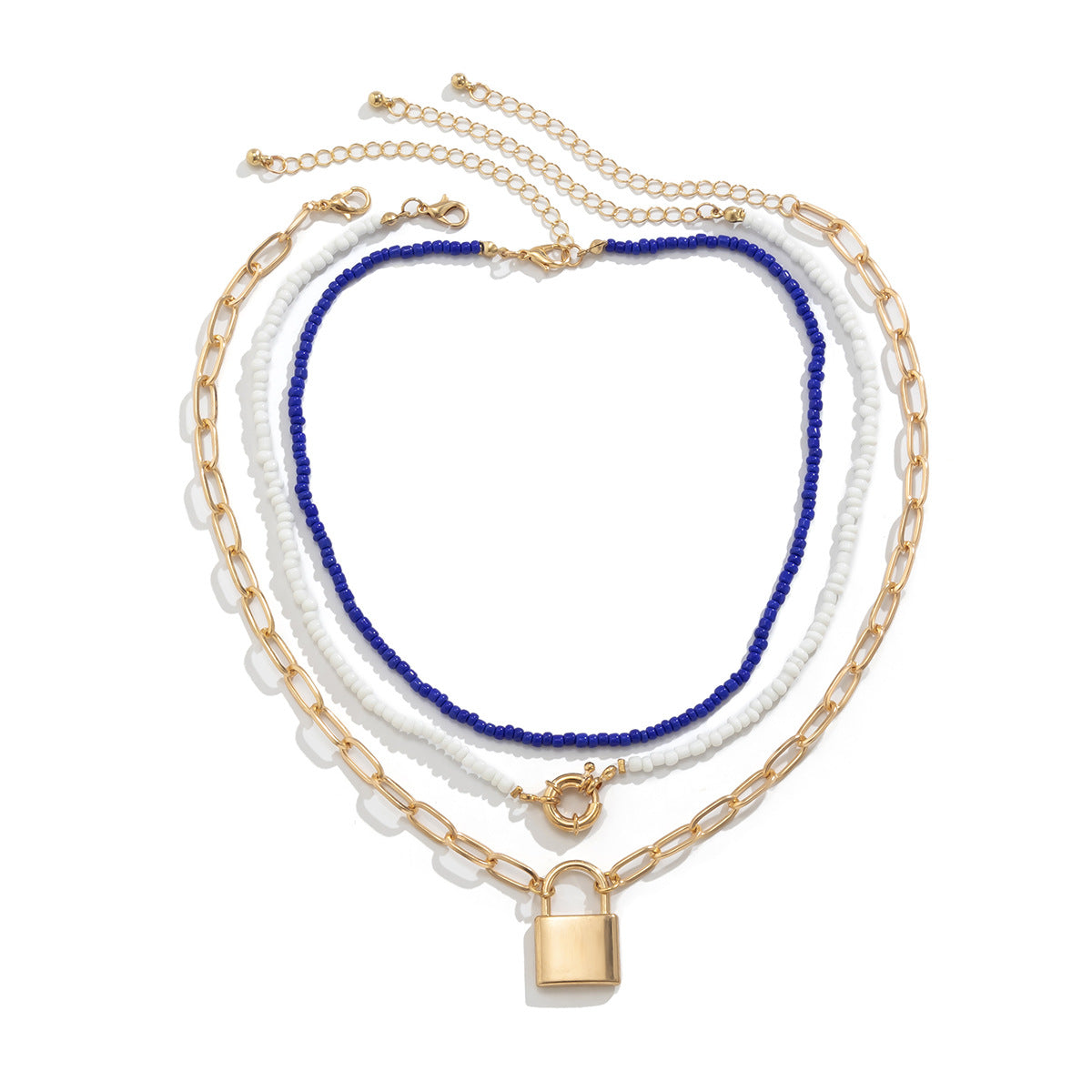 Vintage Punk Geometric Alloy Plated Lock Pendant Tassel Necklace with Ball Chain for Women