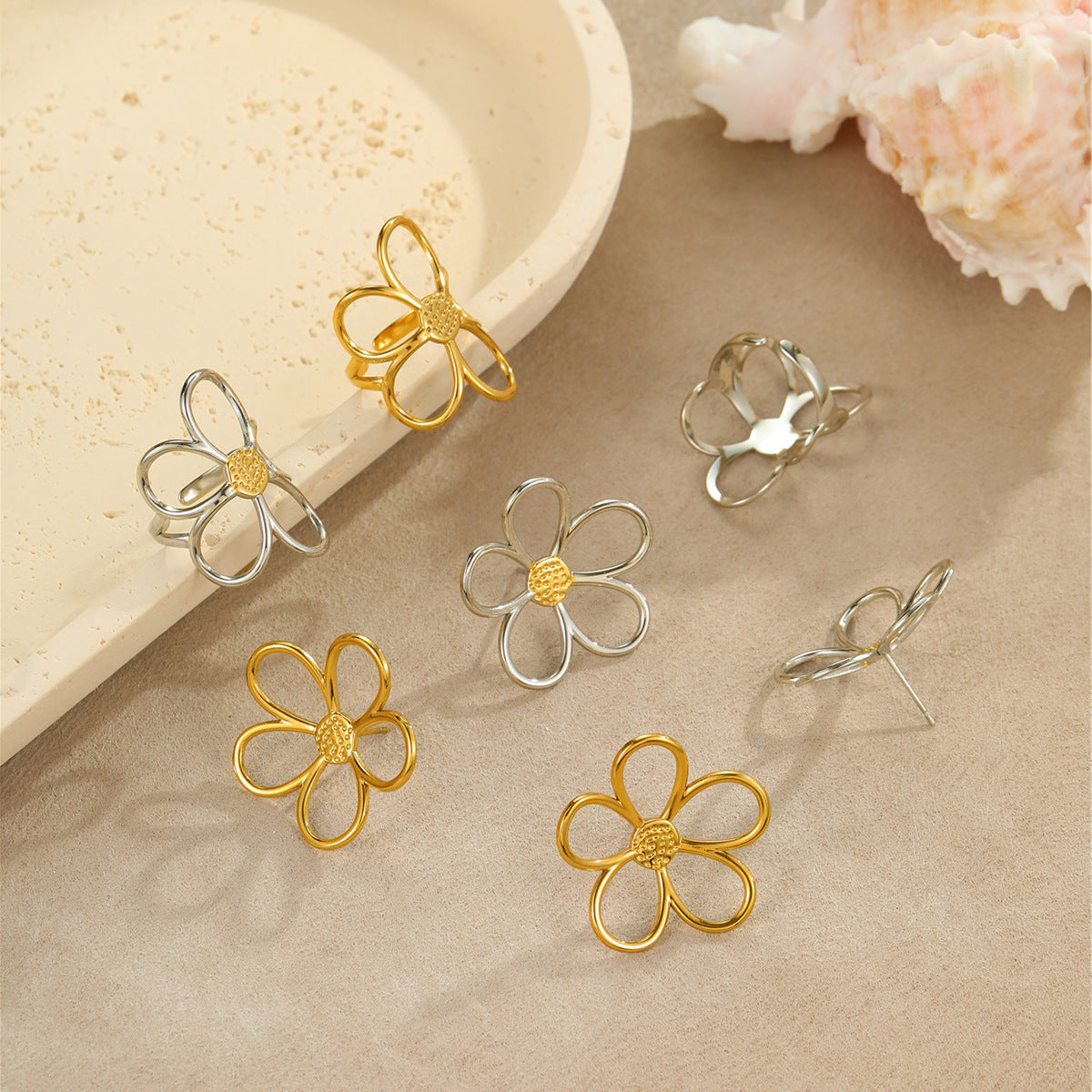 Luxury Vintage Style Hollow Flower Titanium Steel Ring and Stainless Steel Earrings for Women