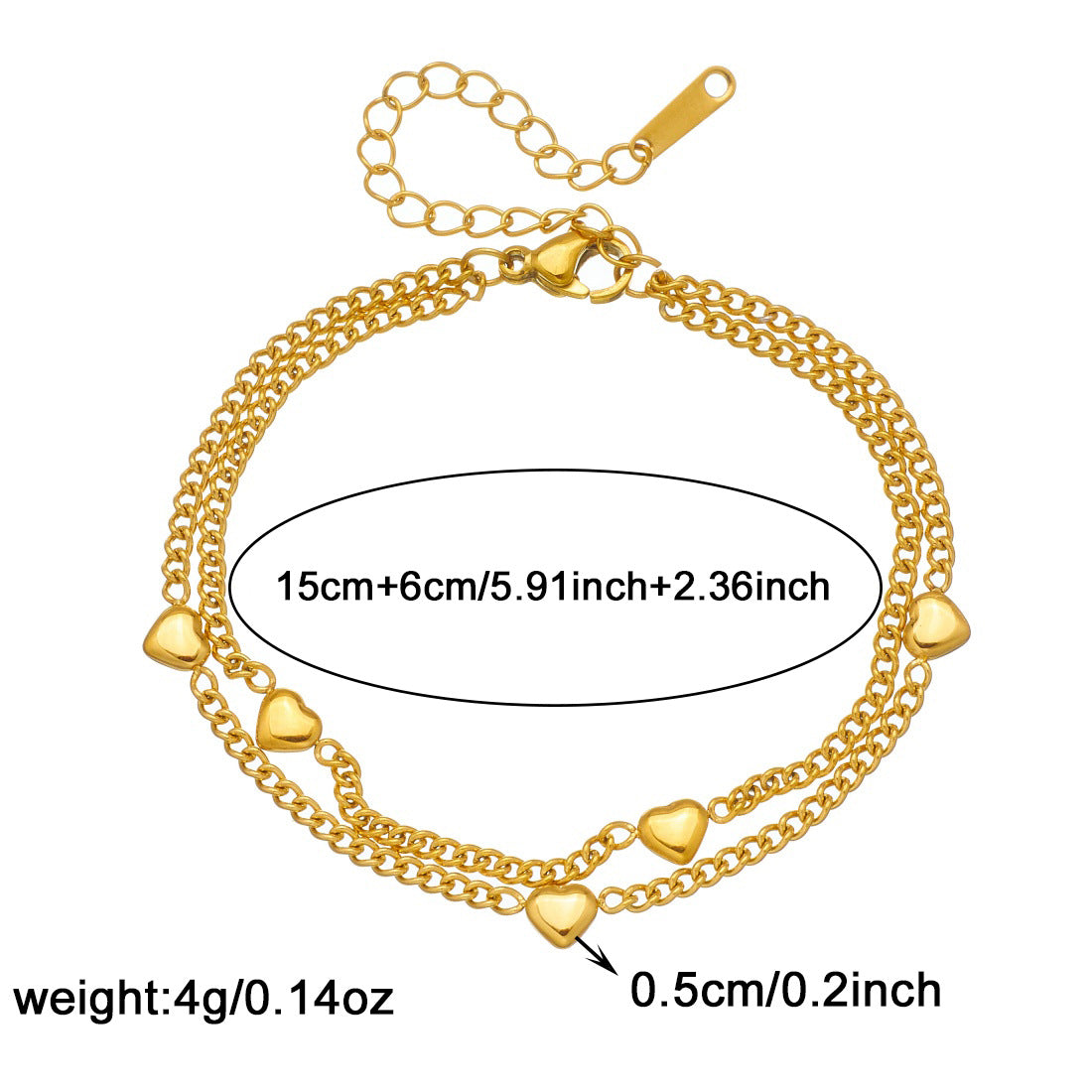 Gold Plated Stainless Steel Heart Double Layer Bracelet for Women
