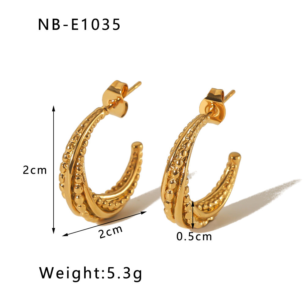Geometric Stainless Steel Earrings with Zircon Inlay and Vacuum Gold Plating for Women