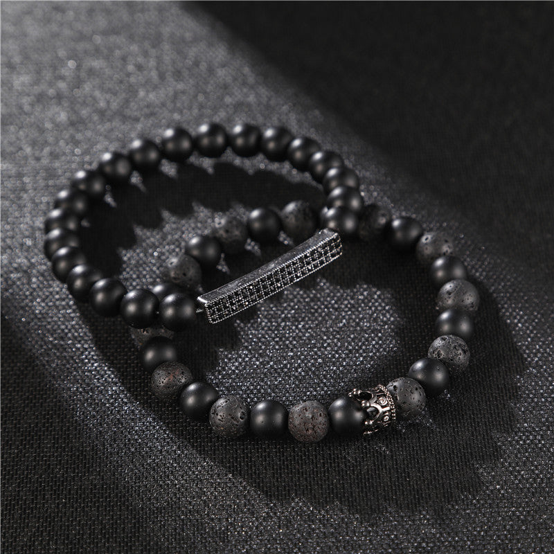 Geometric Crown Bracelet with Matte Black Stone and Cubic Zirconia, Alloy Plated Jewelry for Men and Women