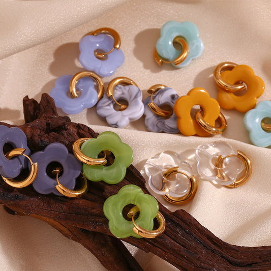 Fashion Vintage Small Flower Hoop Earrings Stainless Steel 18K Gold Plated Colorful Dopamine Floral Design for Women