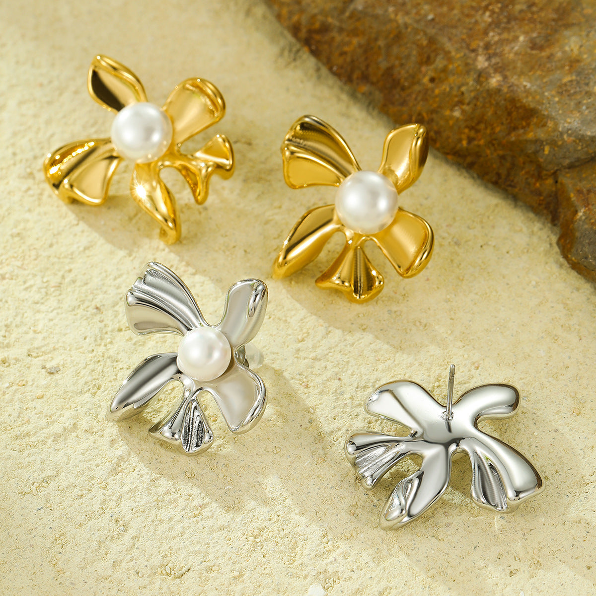 Vintage Floral Stainless Steel Earrings with Pearl Inlay and 18K Gold Plating for Women