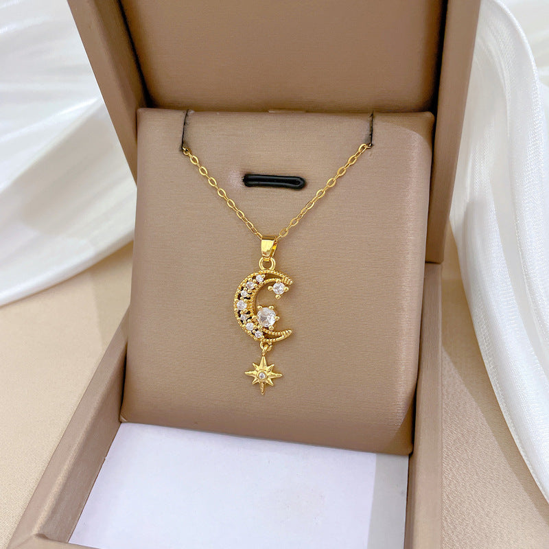 Collana con ciondolo di lusso Luna e Stella da donna e uomo con catena in acciaio al titanio, intarsio di strass, design geometrico, lunghezza regolabile 21-50 cm