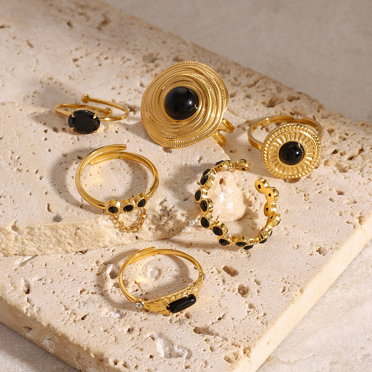 Anello in Agata Nera a Forma di Serpente alla Moda in Acciaio Inossidabile con Finitura Galvanica per Donna