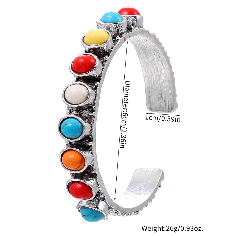 Bohemian Vintage Ethnic Round Geometric Alloy Plated Turquoise Inlay Open Cuff Bracelet for Women