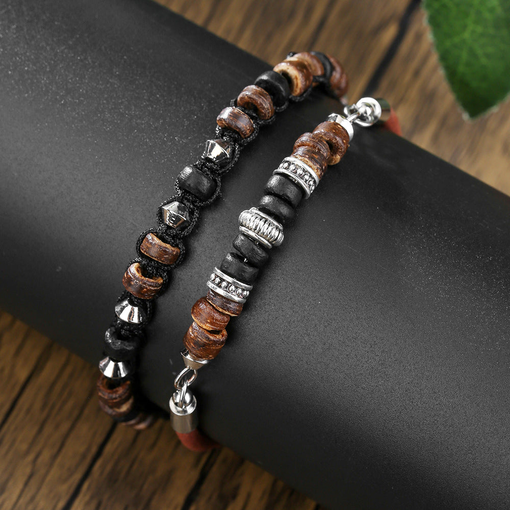 Vintage Hip-hop Punk Round Geometric Wood Bead Leather Bracelet with Magnetic Clasp for Men and Women