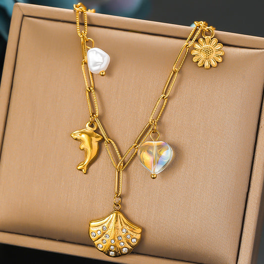 Vintage Gold Plated Heart Dolphin Pendant Stainless Steel Necklace with Rhinestone and Pearl for Women