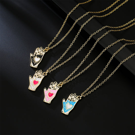 Minimalist Hand-Shaped Pendant Necklace in Copper with 18K Gold Plating and Enamel Detail