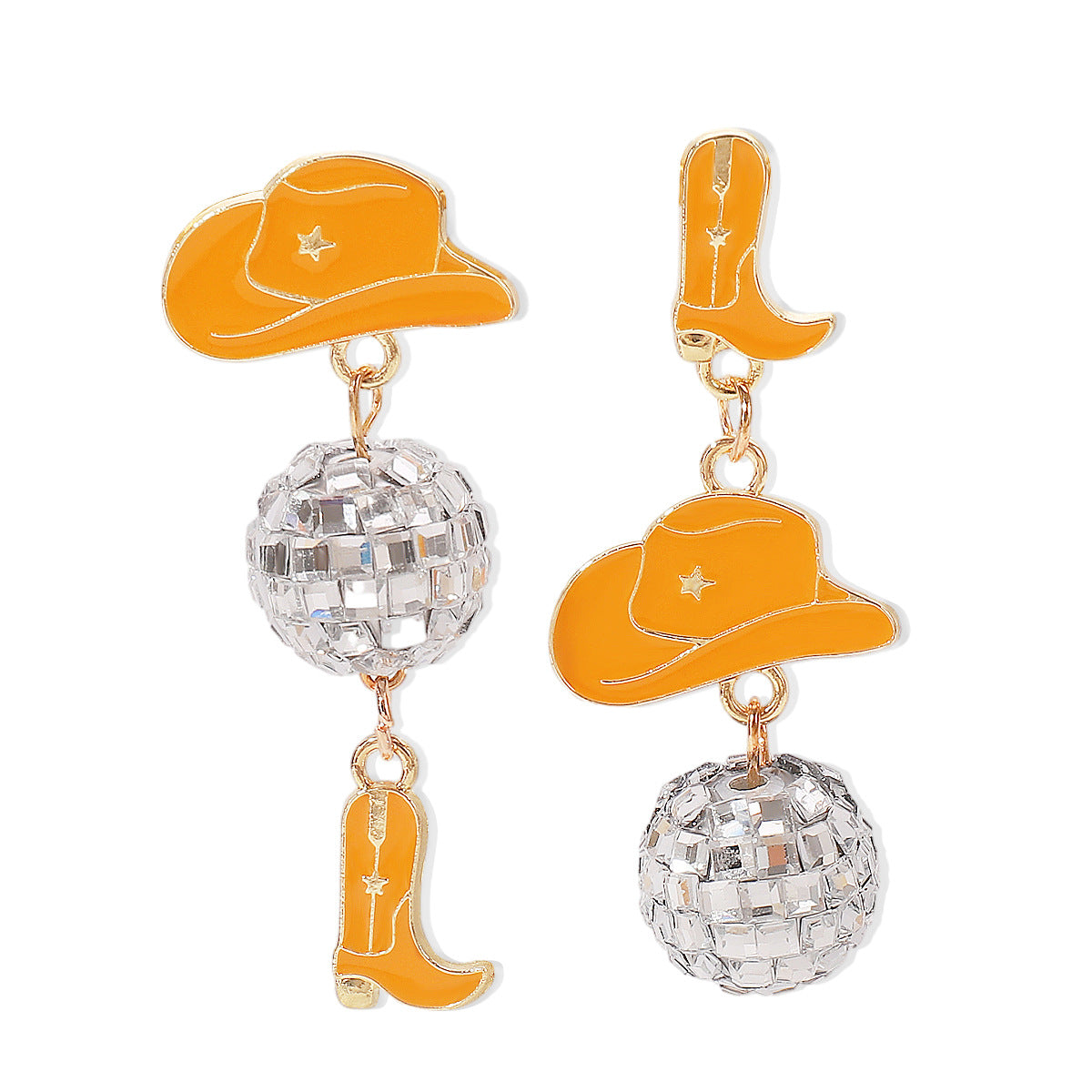 Sweet-Edgy Asymmetrical Oil-Dripped Cowboy Western Style Earrings with Hat and Boot Motifs and Ball Accents in Alloy