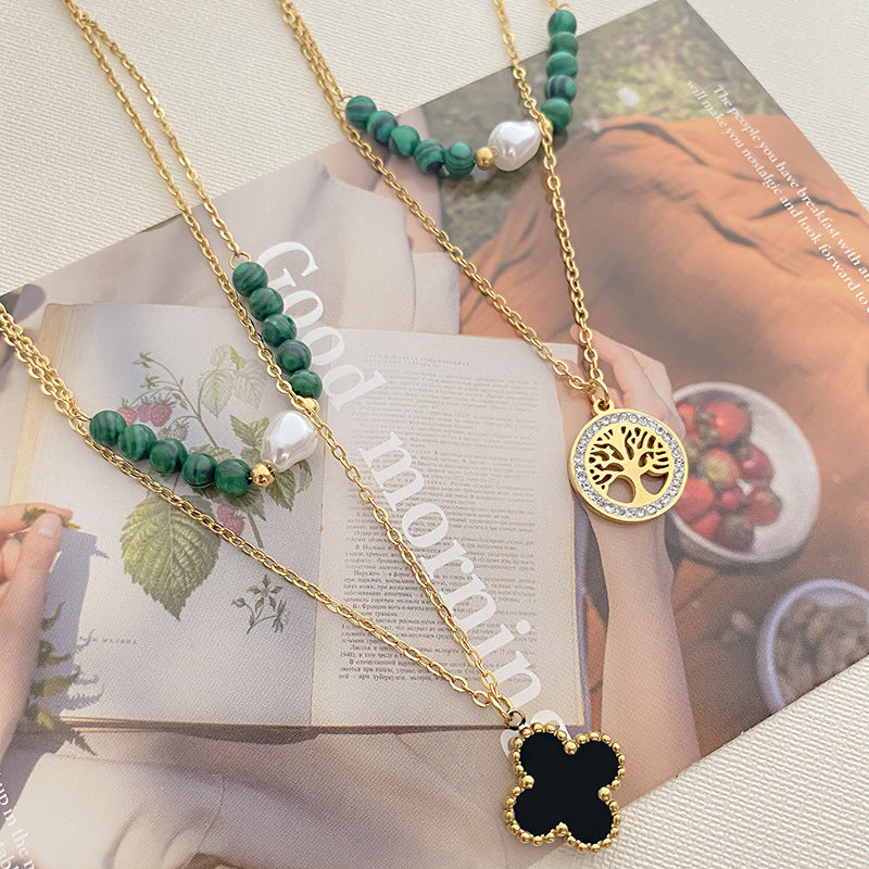 Gold Plated Titanium Steel Four-Leaf Clover Double Layer Necklace for Unisex