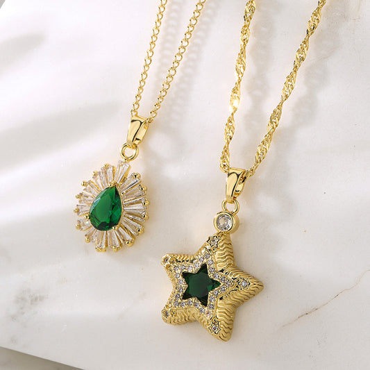 Elegant Water-Drop Shaped Five-Pointed Star Pendant Necklace for Women Made of Brass with Real Gold Plating and Zircon Inlay