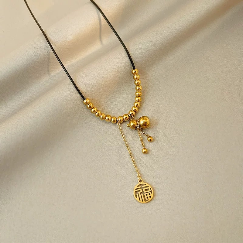 Minimalist Gold Plated Titanium Steel Fu Character Gourd Tassel Necklace for Unisex
