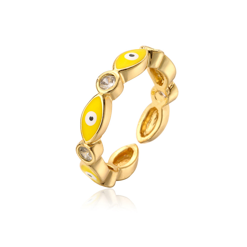 Minimalist Geometric Copper Ring with 18K Gold Plating and Enamel Eye Detail for Women