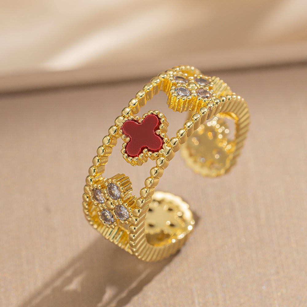Luxury Minimalist Adjustable Open Ring for Women with Gold-Plated Copper Band and Zircon Stone Accent in Heart and Floral Shape