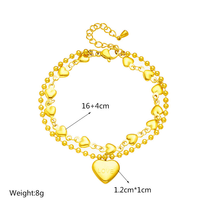 Pulsera de Acero Titanio Minimalista, a la Moda, de Doble Capa Apilable con Cuentas en Forma de Corazón para Mujeres