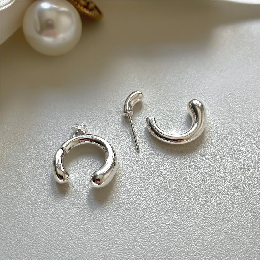 Sweet 925 Sterling Silver Geometric U-Shaped Hoop Earrings with Pearl Inlay Polka Dot Design