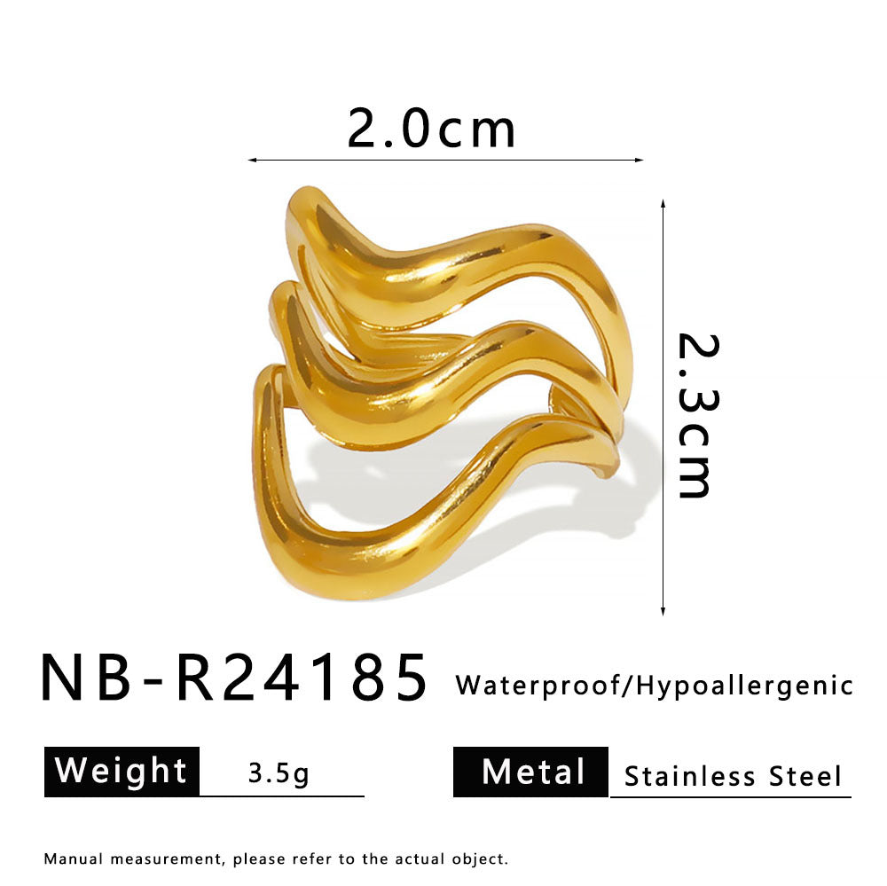 Geometric Wave Stainless Steel Ring with 18K Gold Plating and Polished Finish for Unisex Wear
