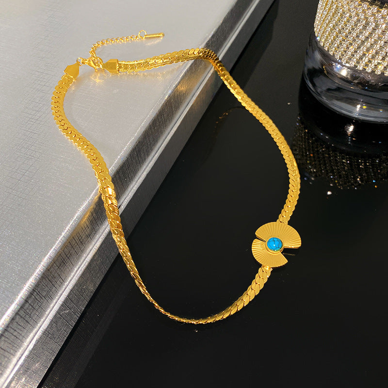Vintage Geometric Fan Shape Titanium Steel Plated Snake Rope Chain Necklace with Cubic Zirconia