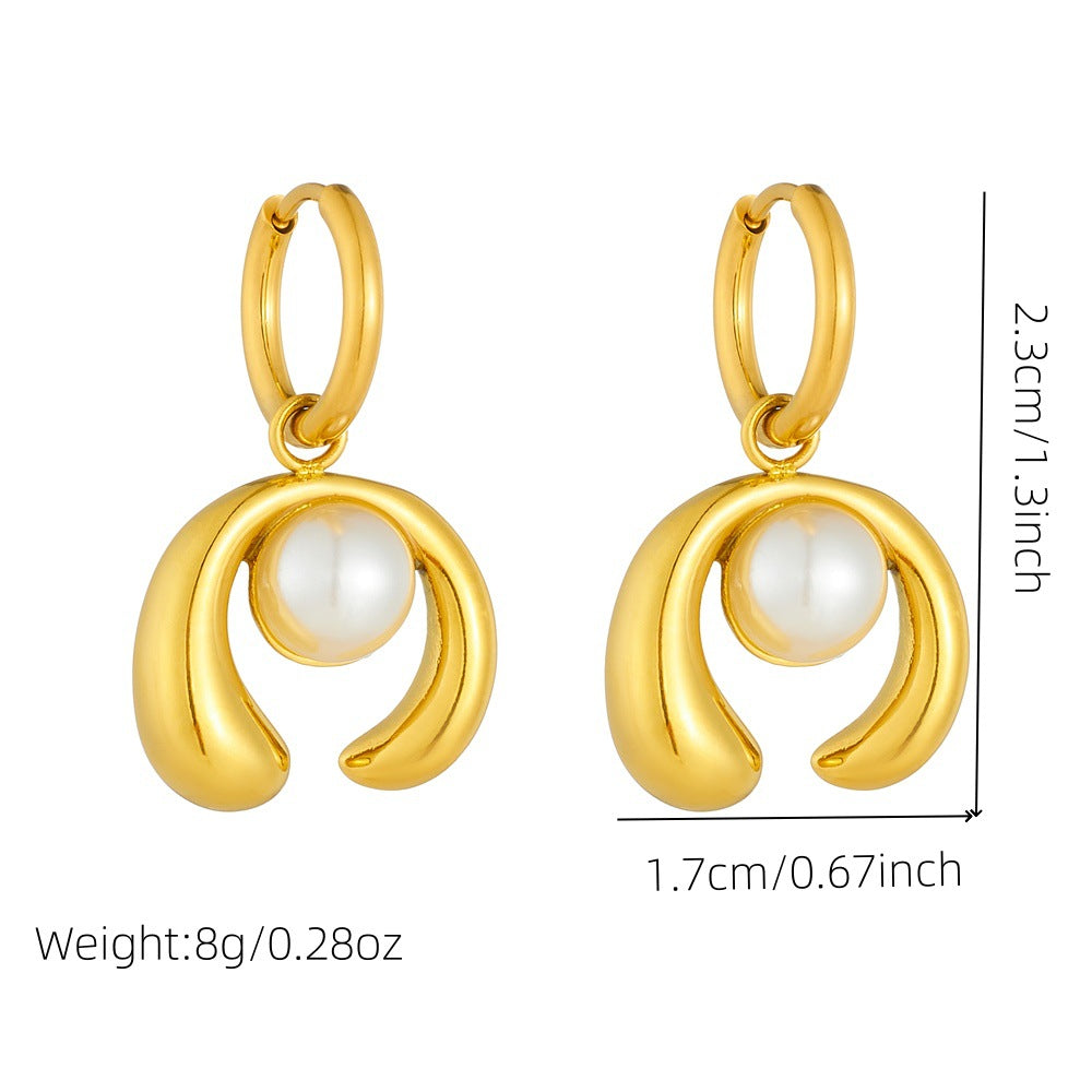 Elegant Business Gold Plated Horseshoe Stainless Steel Pearl Drop Earrings for Women