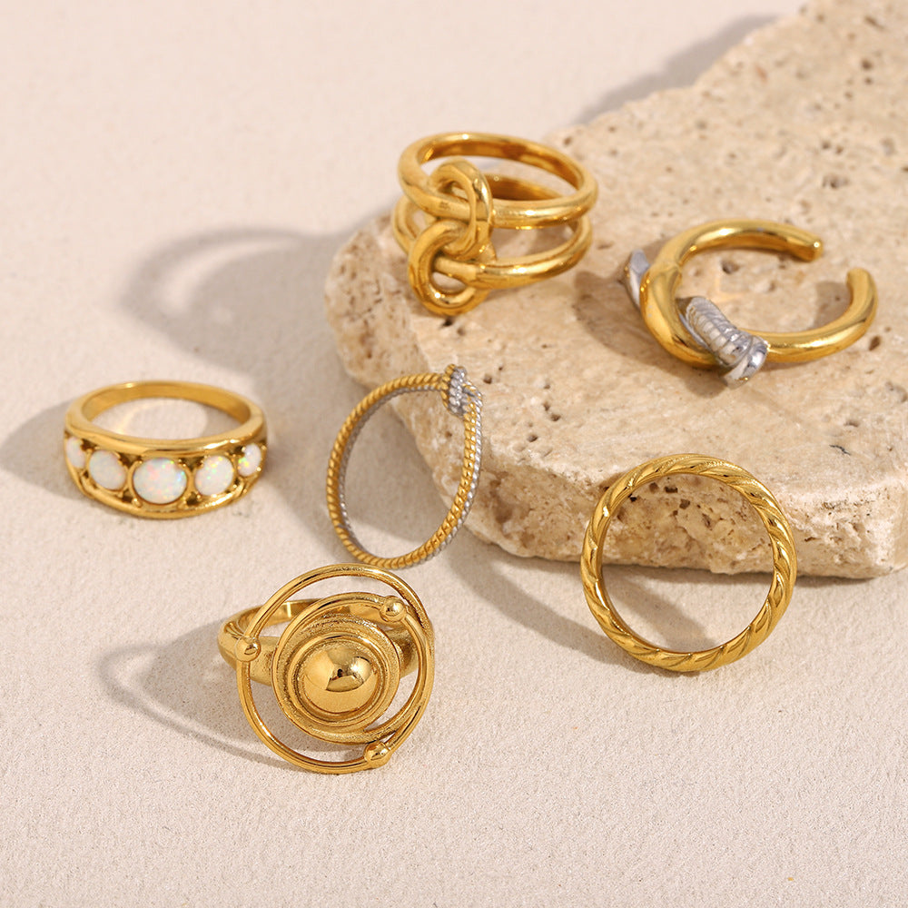 Vintage-Style Geometric Stainless Steel Ring with 18K Gold Plating and Interlocking Twist Band