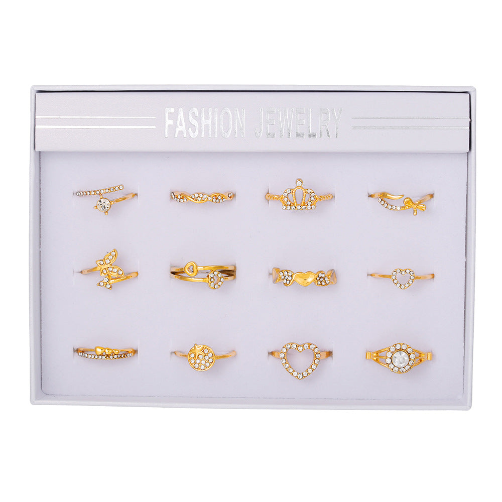 Geometric Alloy Plated Ring Set with Rhinestone and Pearl Floral Design for Women