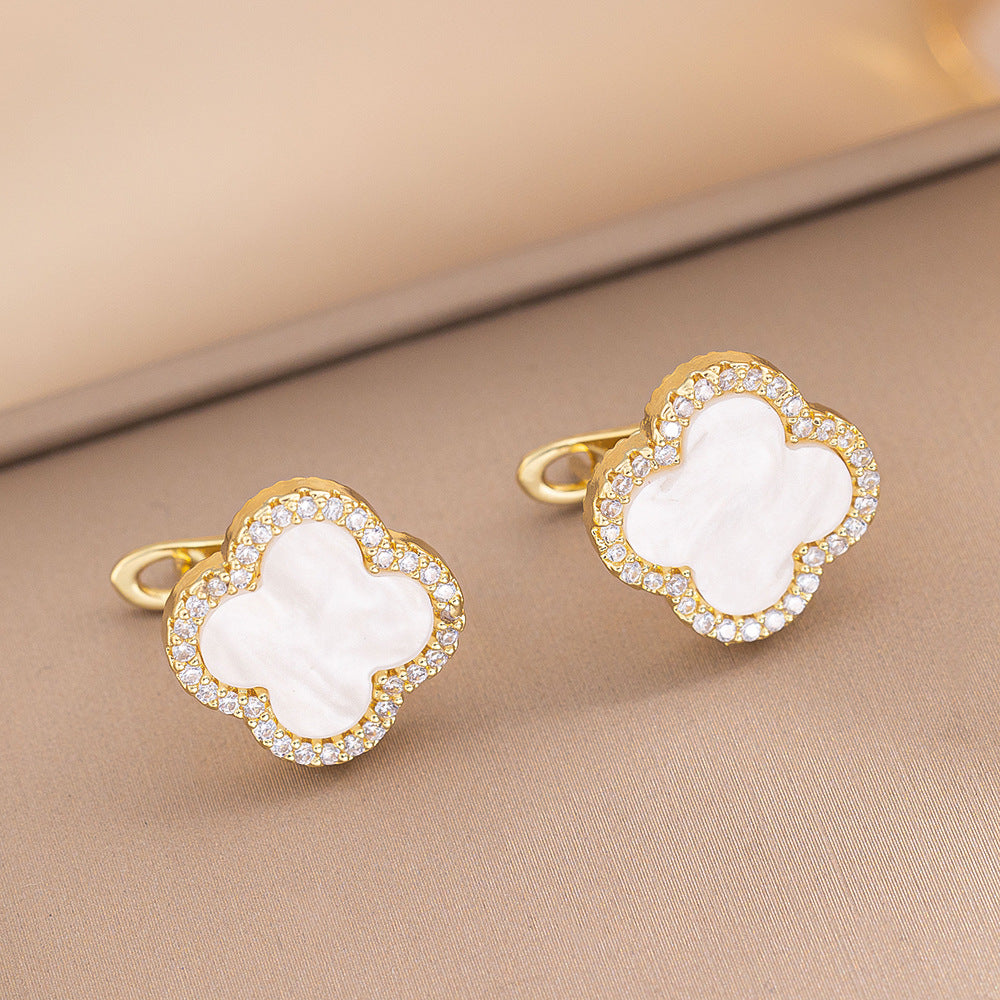 Luxury Clover-Shaped Ear Studs with Gold-Plated Copper Base and Rhinestone Inlay for Women